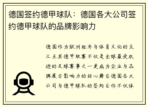 德国签约德甲球队：德国各大公司签约德甲球队的品牌影响力